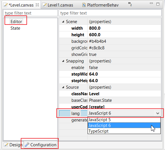 Set JS6 language to scenes