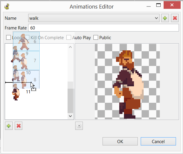 Animations dialog: select multiple frames