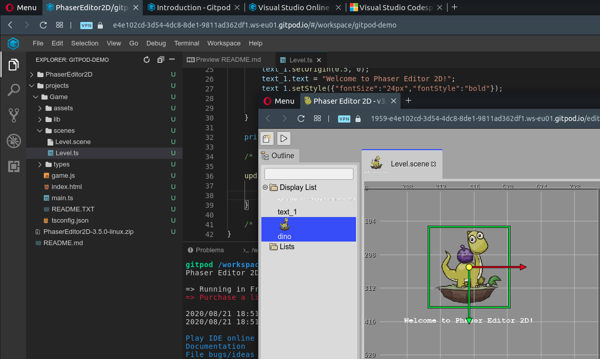 [Tutorial] Game development env in the cloud, with Phaser Editor 2D, Gitpod, Github, and TypeScript
