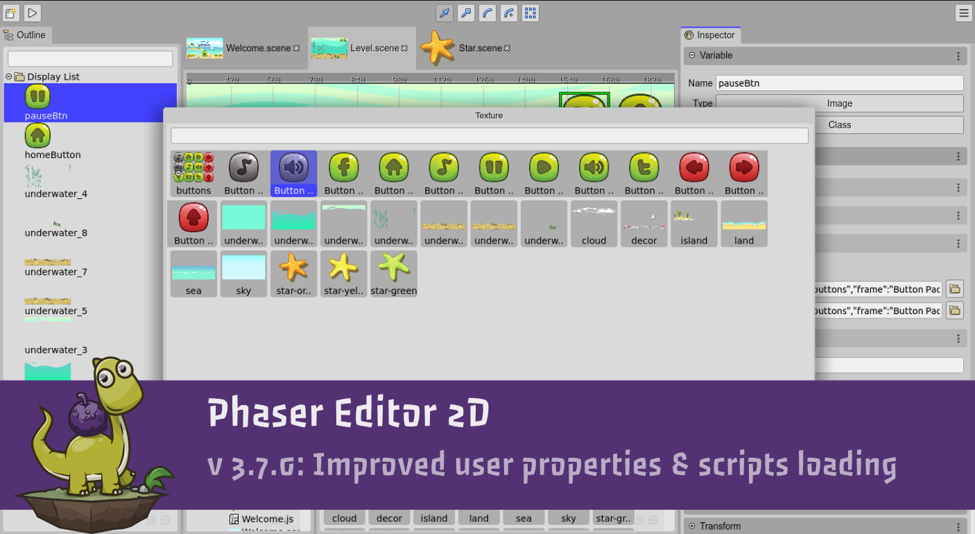 Phaser Editor 2D v3.7.0 is available, with improved user properties and scripts loading.