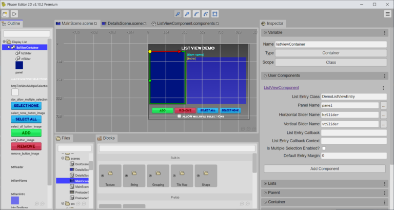 Scene Editor showing the list view