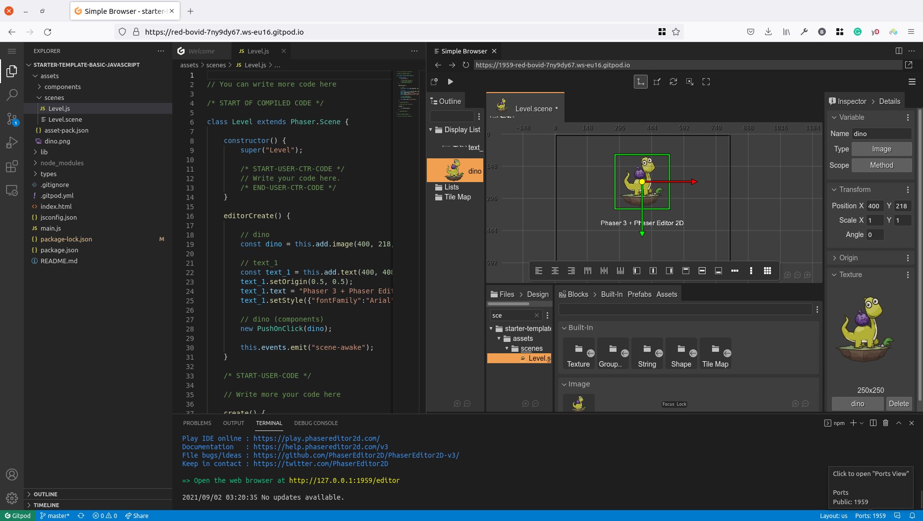 Phaser Editor 2D and Gitpod