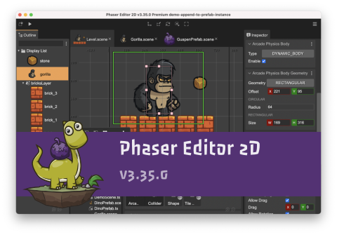 Phaser Editor 2D v3.35.0 released. Welcome Arcade physics.