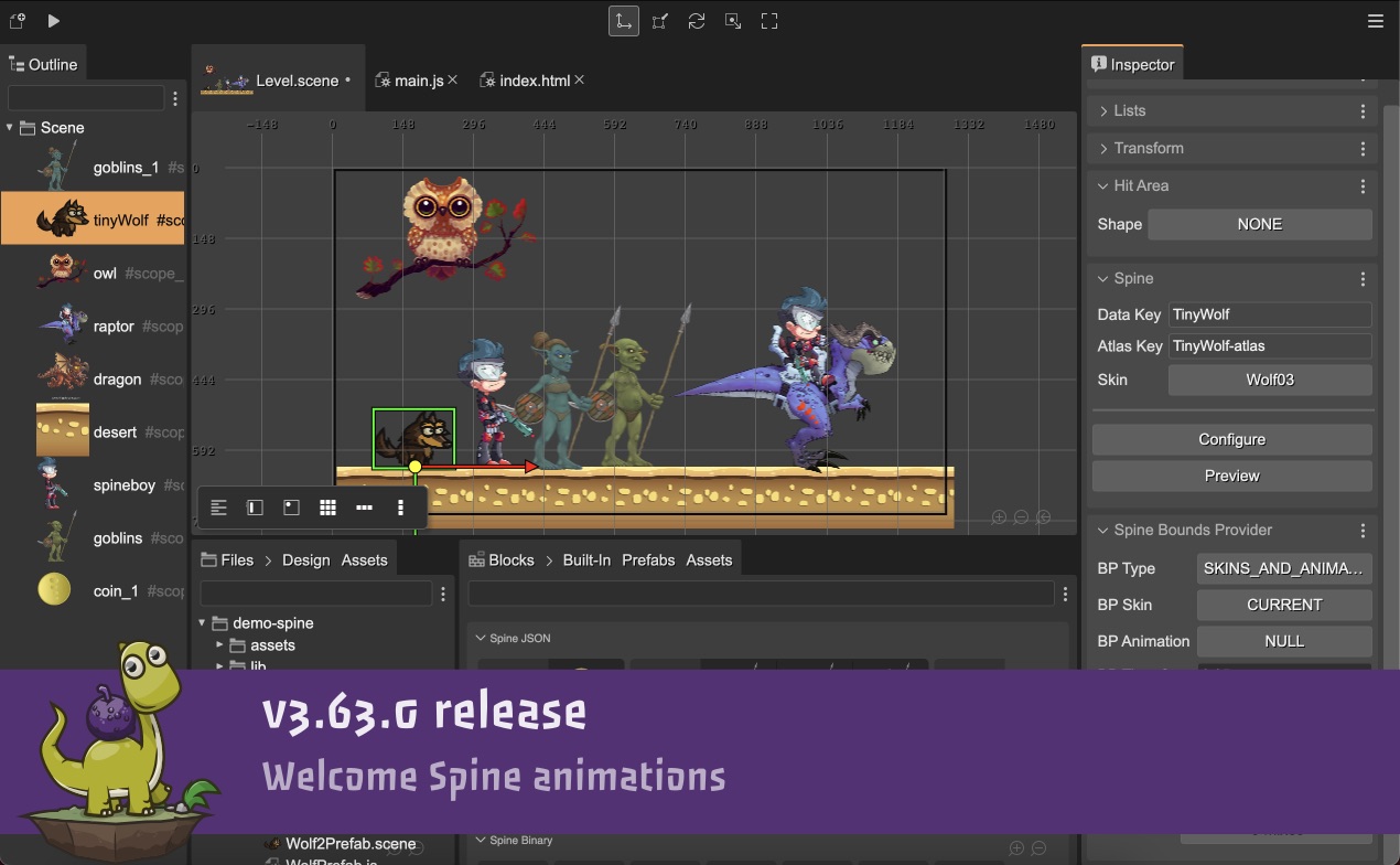 Phaser Editor 2D v3.63.0 released. Welcome Spine animations!