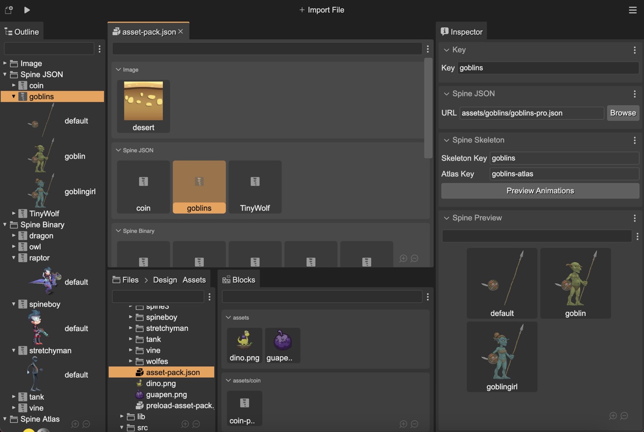 Spine assets in the Asset Pack editor