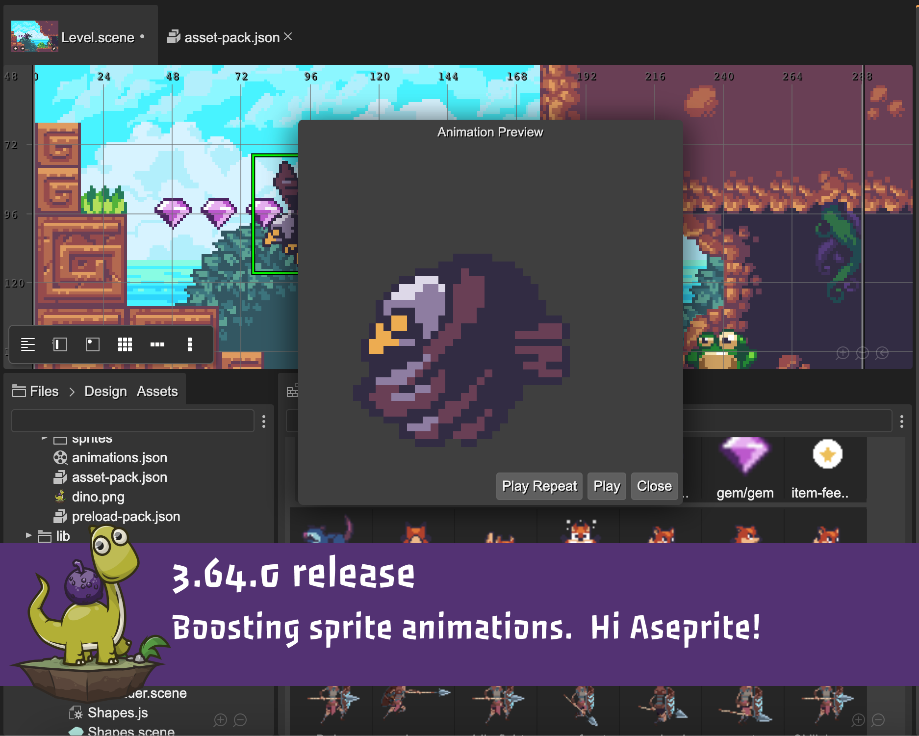 Phaser Editor 2D v3.64.0 released - Boosting sprite animations - Hi Aseprite!