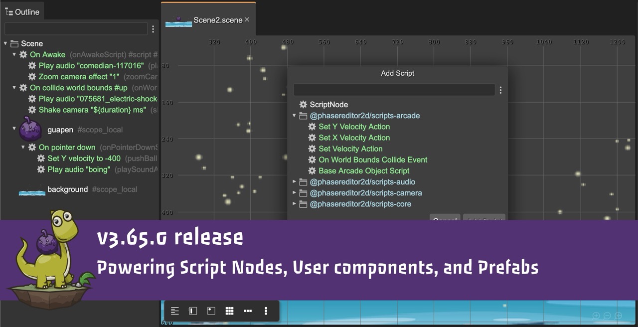 Phaser Editor 2D v3.65 released. Powering script nodes, user components, and prefabs.