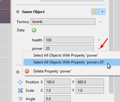 Game object data: key/value menu