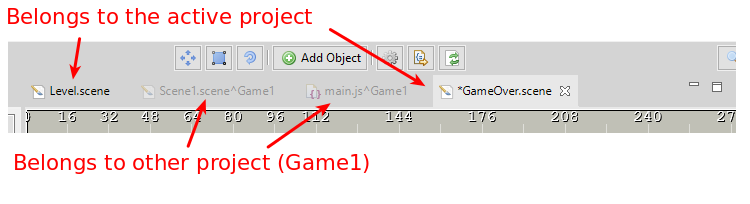 Editor tab shows the name of the project if the file does not belong to the active project.
