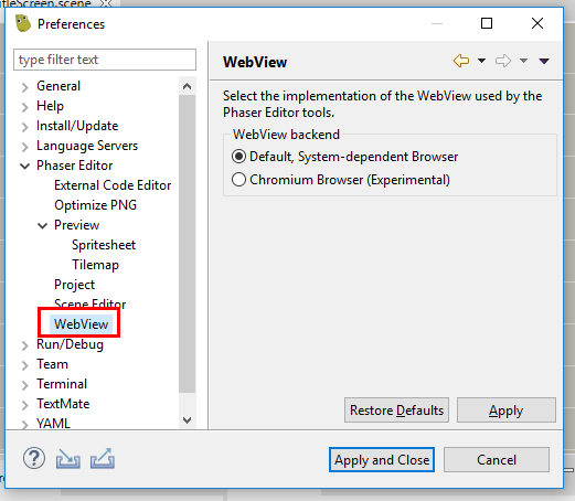 Default embedded browser settings.