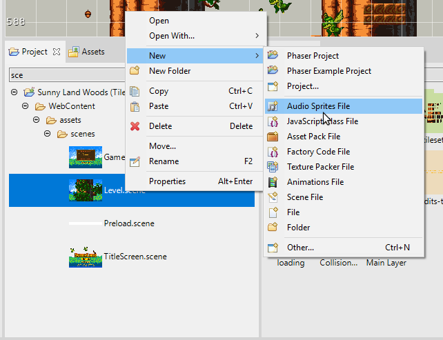 Context menu of the project view.