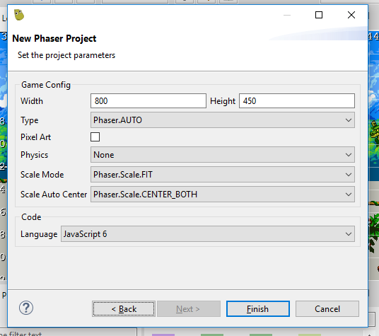 Phaser Project wizard: game parameters.